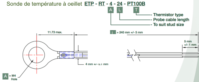 dimensions sonde de temperature a oeillet ETP-RT