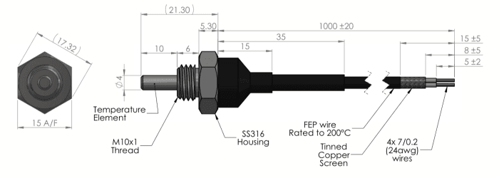 dimension sonde de temperature a ecrou etp-am-sp