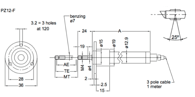 Dimensions capteur de position lineaire PZ12F