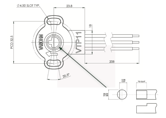 dimensions capteur de position rotatif vtp11