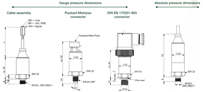 dimensions et connecteurs des capteurs de pression ept3100
